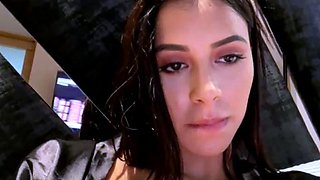 Busty curly brunette with big boobs fucks on couch