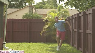 Busty cougar is passionately having fun by the pool with her neighbor's big dick.
