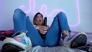 Sexy Blonde Having an Amazing Orgasm with Her Vibrator and Squirting in Her Blue Jeans