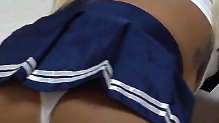 Girls-only Apartment in Japan, Tanned Busty Girl in Miniskirt Uniform and Wedgie Thong Panties Sexy Seduce Fitness