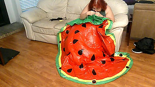 BBW Nurse Vicki Blowing up a Huge Plastic Float That Looks Like a Water Melon Slice