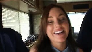 Beautiful Brunette Big Boobs Rides Fake Cock