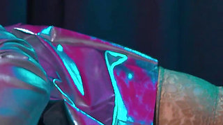 Horny Gloved Babe in Shiny Leather Jerks His Big Cock & Fingers Deep Into His Pisshole Till He Explodes Cum All Over Her Boots