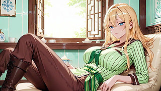 She Sips While Fixing Her Apron, Revealing Creamy Cleavage.