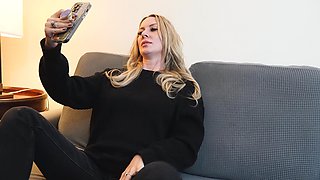 Beautiful woman with long hair masturbates.