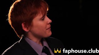 Lesbian redhead in high high-heeled slippers with hefty tits, prepped for a muddy hump with her mega
