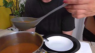 Feeding soup mixed with piss and saliva by Femdom Austria