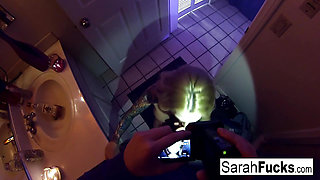 Pornstar Sarah Jessie gives a BJ in the bathroom