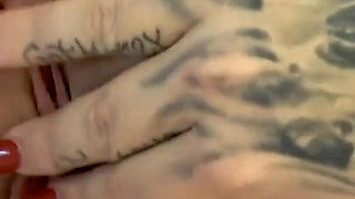 Blonde lesbians double dildo in hotel bed