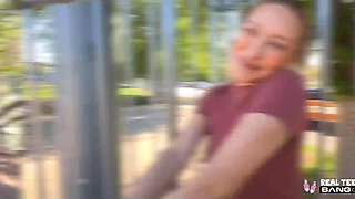 Horny blonde slut sucks me off in the woods