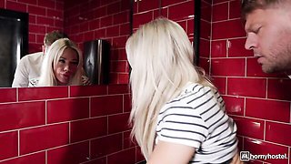 Glamorous blonde Angie Lynx opens her shaved pussy for a big cock