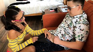 Hot schoolgirl fucked a nerdy classmate.
