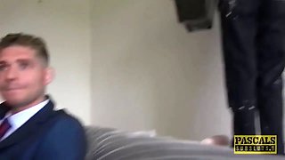 Pascalssubsluts - red haired subslut cat neck corset gets threeway humilation