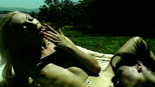 Classic babes sharing big dildo in hot outdoor lez action