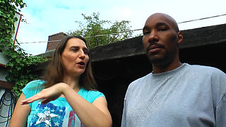 Curvy brunette rides on big black cock to satisfy her wet pussy