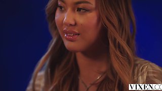 Curvy Asian bombshell juggles European dude's huge cock in surreal modes