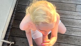 Blonde's pussy drips with creampie after her passionate public session in the open air