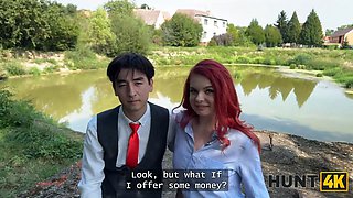 Hunt4k. red haired whore cheated on her bf in public and toyed with her Natural Tits