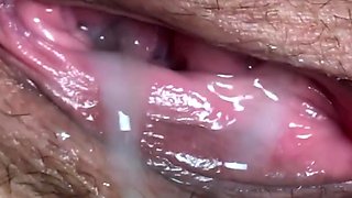 Wife let me look at her pissing gaping pussy, for which she get a huge cum load inside. Close-up