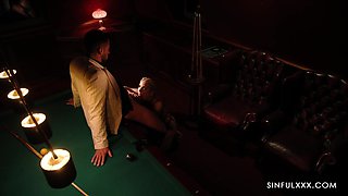 Blonde MILF Daisy May is getting her shaved twat fucked on the pool table