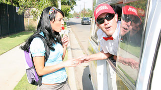 Busty babe enjoys sucking dude long dick for ice cream