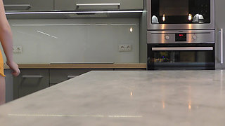 Hot Sexy Long Legs Beauty Cute Blonde College Girl in a Very Short Skirt to Flash Her Ass and Pussy in the Kitchen