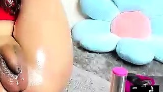 Big tit shemale jerks her long cock