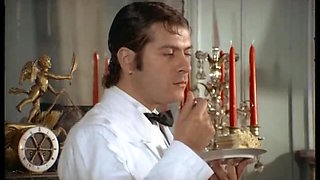 Posh blonde lady gives her clothed man a quick blowjob