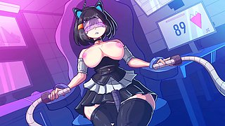 The fuck machine stretches her body while she sucks on her big breasts