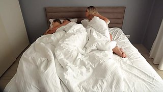 Seduced By Blonde Stepmom! Threesome Fuck With Horny MILF, GF Joined After Woke Up.