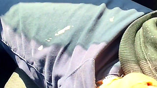 Almost caught! He jerks off in traffic in front of me, I love watching. Big cumshot! Part 1