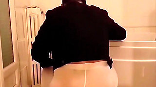 Dildo Riding in the Bathroom Wearing an Open White Pantyhose