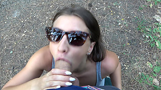 Man watching the girl as she practices yoga, public blowjob in a park, 4!