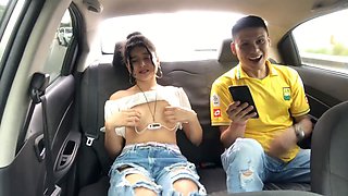 Naughty Colombian brunette girlfriend can't resist and exposes her fucktoy in the Uber