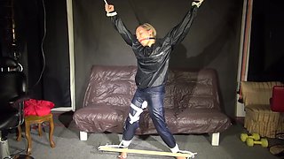 Watching Sexy Sandra Wearing Sexy Black Shiny Nylon Rainwear Being Tied And Gagged Overhead With Ropes And A Ballgag Being Treated With The Massager (Video)
