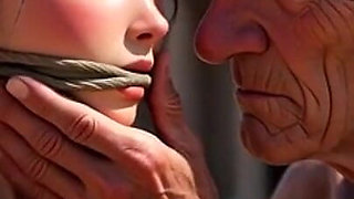 Woman in Public Bondage - Old Man Caressing Her While Shes Desperate & Horny