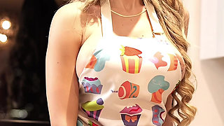 Horny beautiful maid shoves a thick cucumber into her tight pussy in her boss's kitchen