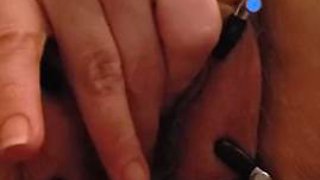 Wife spread with pussy clamps in slow motion