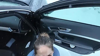 Amateur Couple Goes to the Mountains with Their Car and the Slutty Girlfriend Sucks His Cock.
