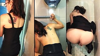 Secretary fucked in the bathroom at work, leaves full of cum and new job