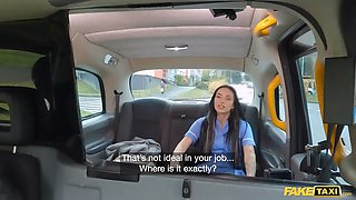 Fake cab hot nurse in uniform gives driver a suck and bang before a tryst