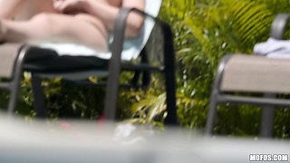 Mel's Brunette Nerdy Lust in a Wet Outdoor Pool Affair
