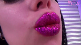 Glittery purple lipstick tease