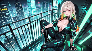 Neon Rain Night! Blonde Agent in Wet Leather Crouching Low, Holographic Glow & Cold Glances.