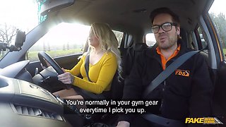 Busty blonde with tattoos takes a hard pounding before her driving test in Fake Driving School