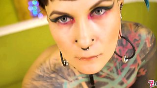 Goth queen teases petite melons & nips then takes aggressive doggystyle, cascading facial