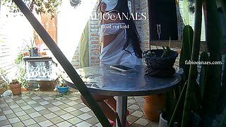 Hotwife in lingerie in winter garden sensualizing