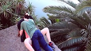Young couple having sex in the park before going to college