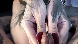 MILF Penetrates Pierced Cock with Her Long Nails. Handjob BDSM Femdom