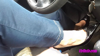 Driving and Revving in Black Pumps on Bare Foot